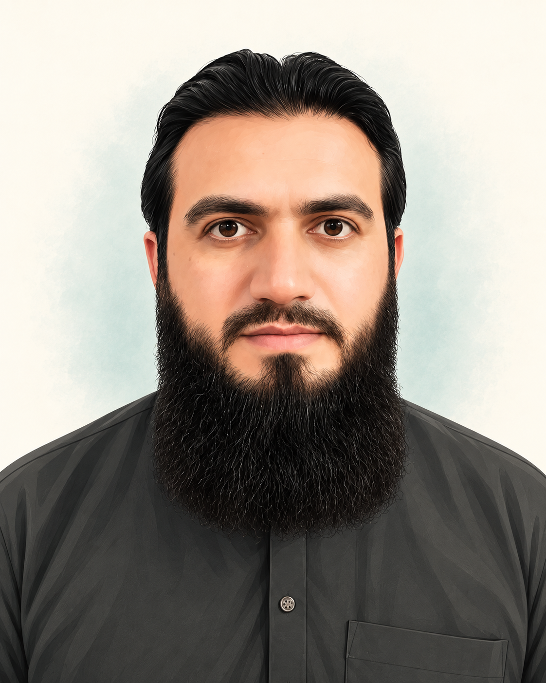 Illustrated portrait of Dr. Faizan Ullah wearing a charcoal kurta.